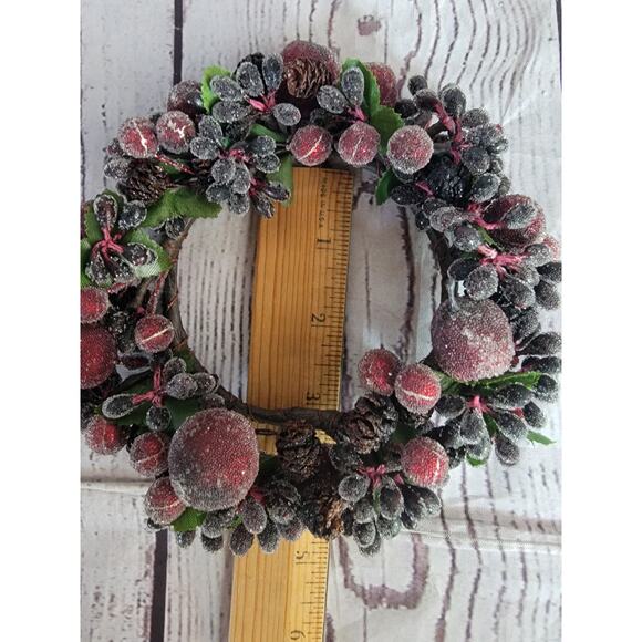 Artificial frosted berry pine cone candle ring or mini wreath Christmas Winter - Picture 4 of 6
